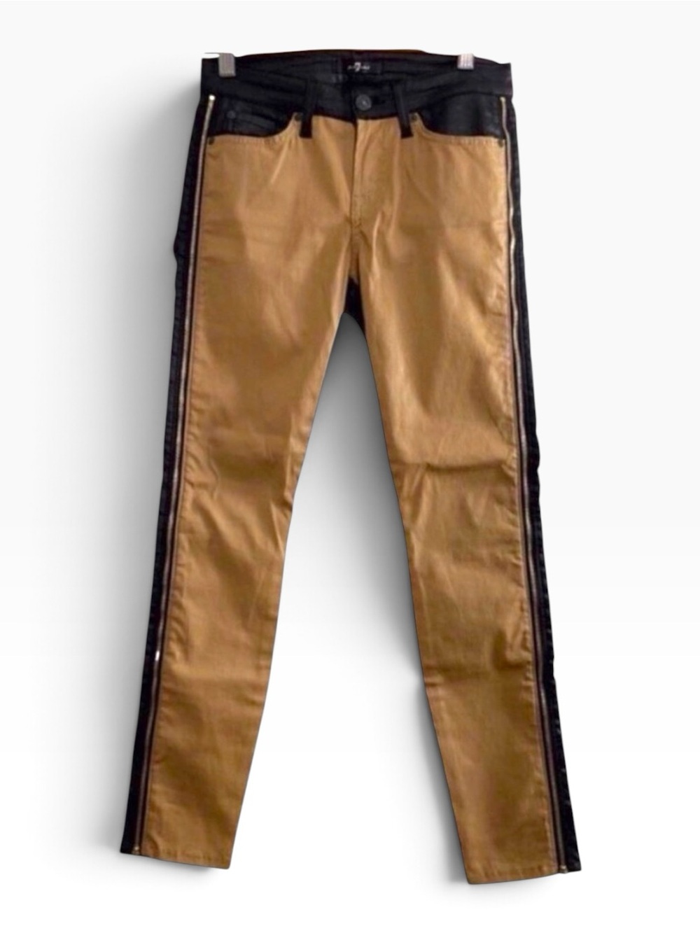 7 for all Mankind beige faux leather jeans pants neutral black camel zippers 25